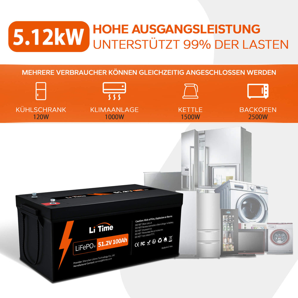 Batterie au lithium LiFePO4 LiTime 51,2 V 100 Ah avec 64 cellules &  1 chargeur gratuit de 58,4 V et 10 A🆓