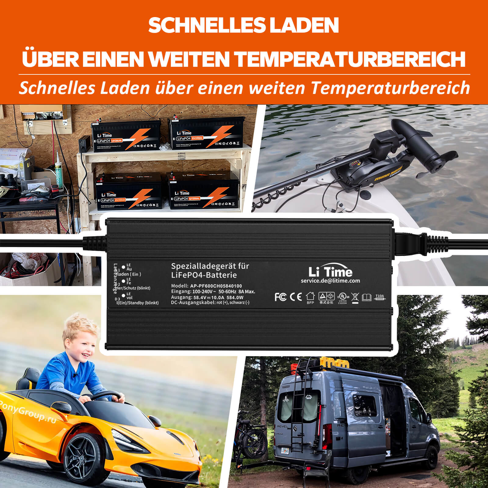 LiTime 58,4V 10A LiFePO4 Batterieladegerät für 51.2V LiFePO4 Batterie, mit intelligenter 0V-Ladefunktion