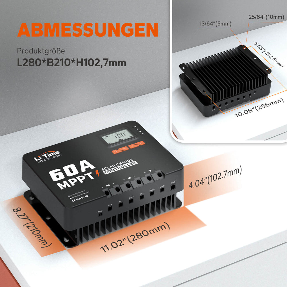 [Kasutatud – nagu uus] LiTime 60A MPPT 12V/24V/36V/48V automaatse alalisvoolu sisendiga päikeseenergia laadimiskontroller Bluetooth-adapteriga