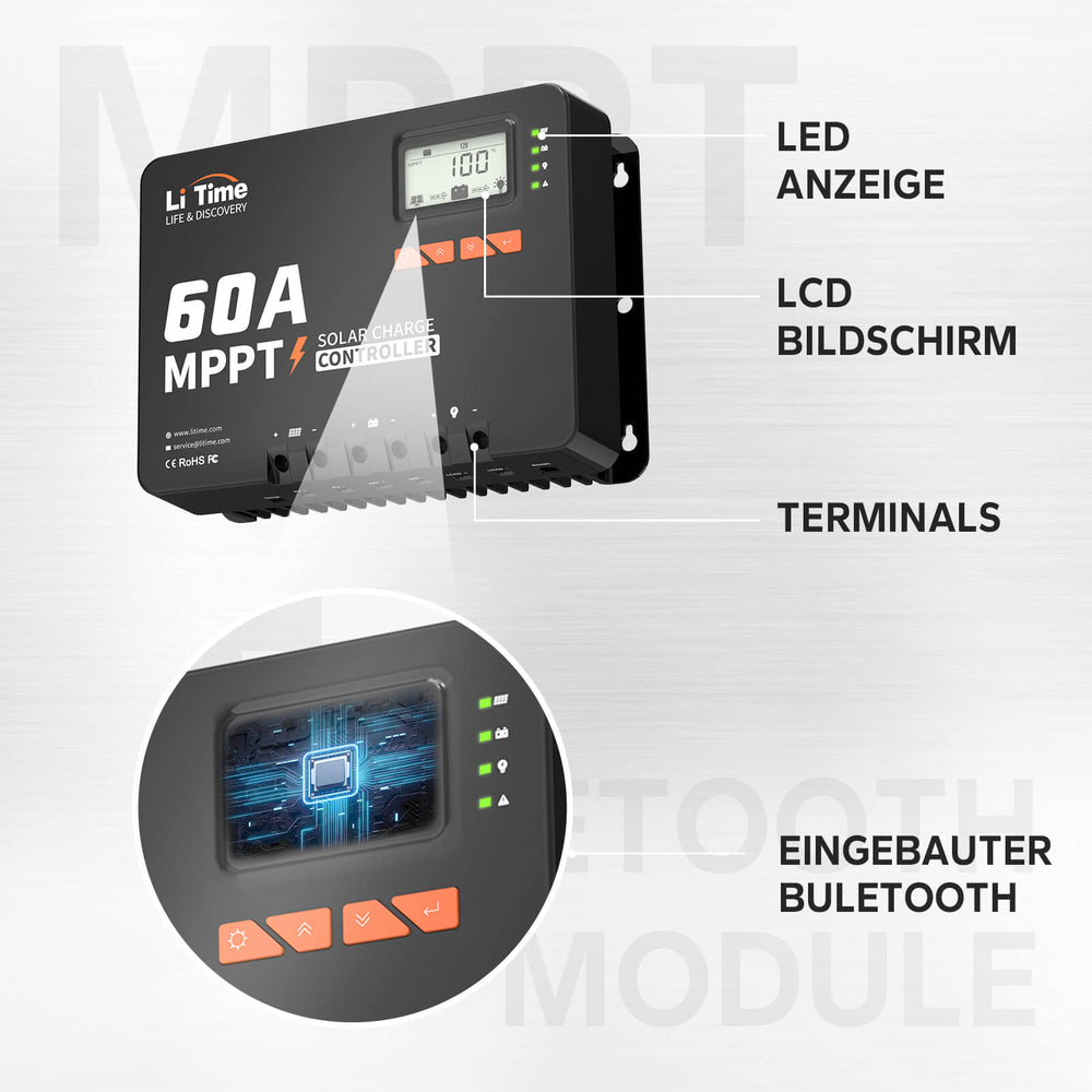 [Kasutatud – nagu uus] LiTime 60A MPPT 12V/24V/36V/48V automaatse alalisvoolu sisendiga päikeseenergia laadimiskontroller Bluetooth-adapteriga
