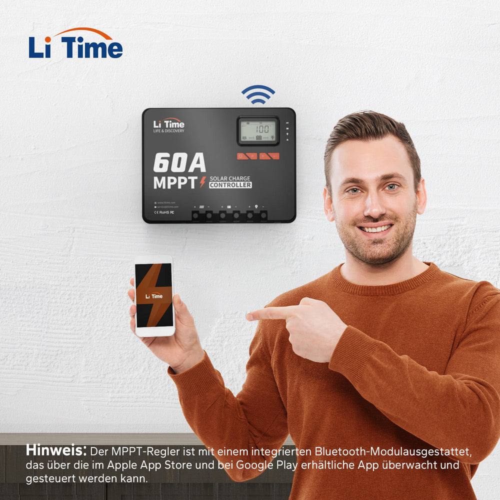 [Kasutatud – nagu uus] LiTime 60A MPPT 12V/24V/36V/48V automaatse alalisvoolu sisendiga päikeseenergia laadimiskontroller Bluetooth-adapteriga