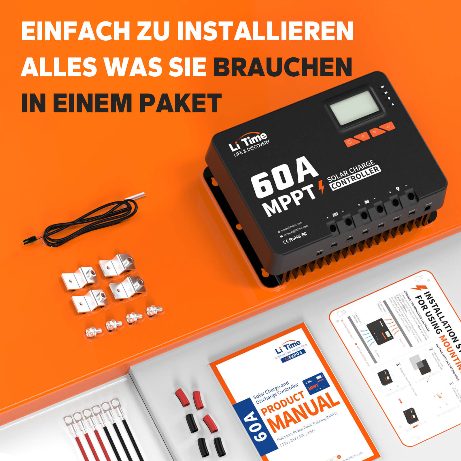 Litime 60A MPPT 12V/24V/36V/48V Автоматичен DC входен слънчев товарач с Bluetooth адаптер
