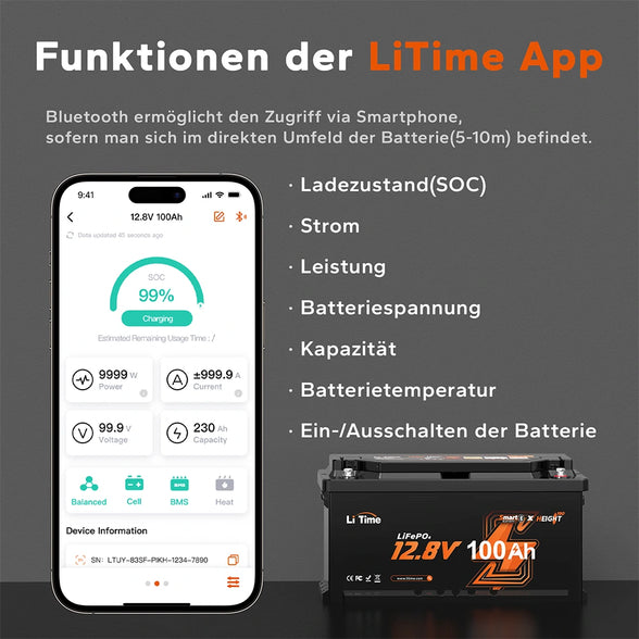 12V 100Ah Smart Untersitz-LiFePO4-Batterie mit Bluetooth 5.0