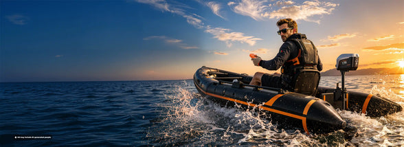 Schlauchboot mit LiTime Elektro-Außenborder und Lithium-Batterie bei Sonnenuntergang