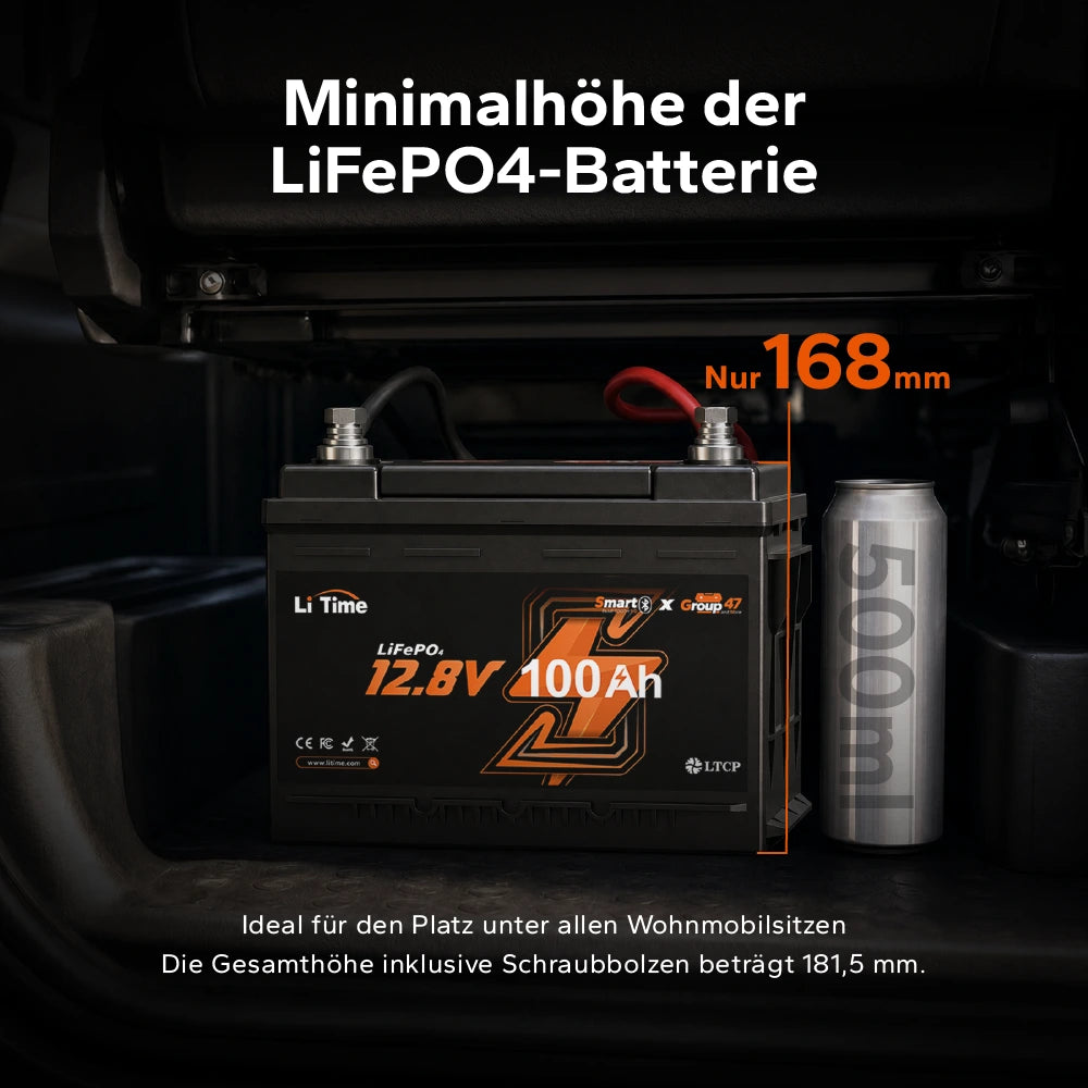 Extrem flache Bauweise mit nur 168 mm Höhe, ideal für die platzsparende Montage unter Wohnmobilsitzen.