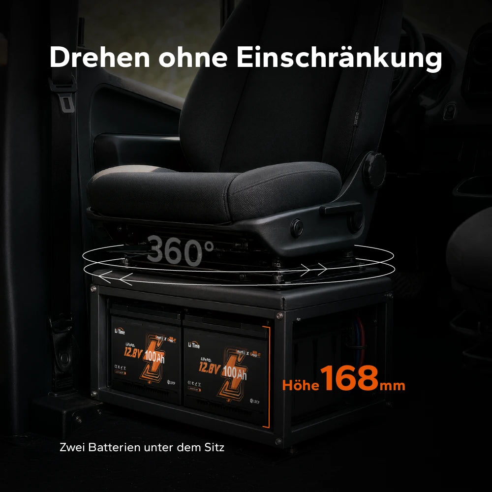 Sichere Unter-Sitz-Installation von zwei Batterien, die eine uneingeschränkte 360-Grad-Drehung der Sitze ermöglicht.