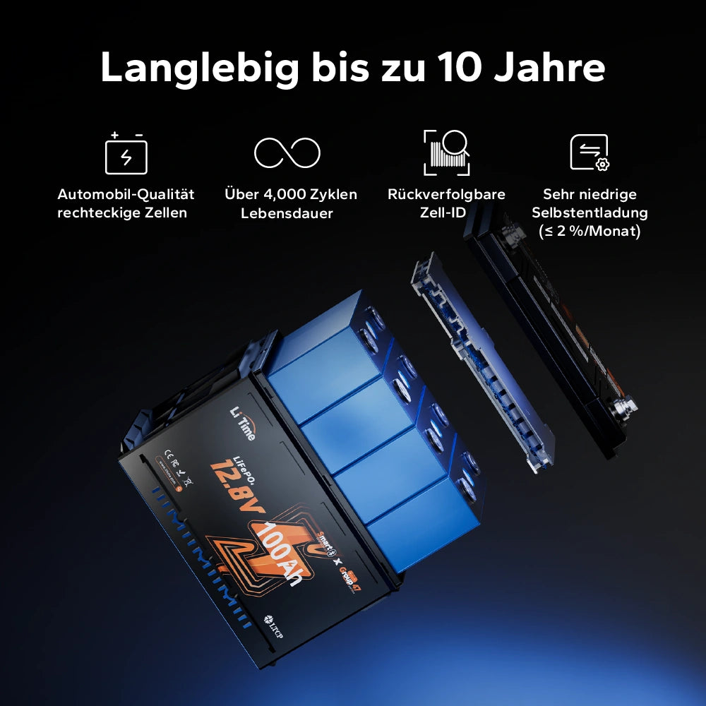 Langlebige Automobil-Qualität Zellen mit über 4000 Zyklen für eine Betriebsdauer von bis zu 10 Jahren.