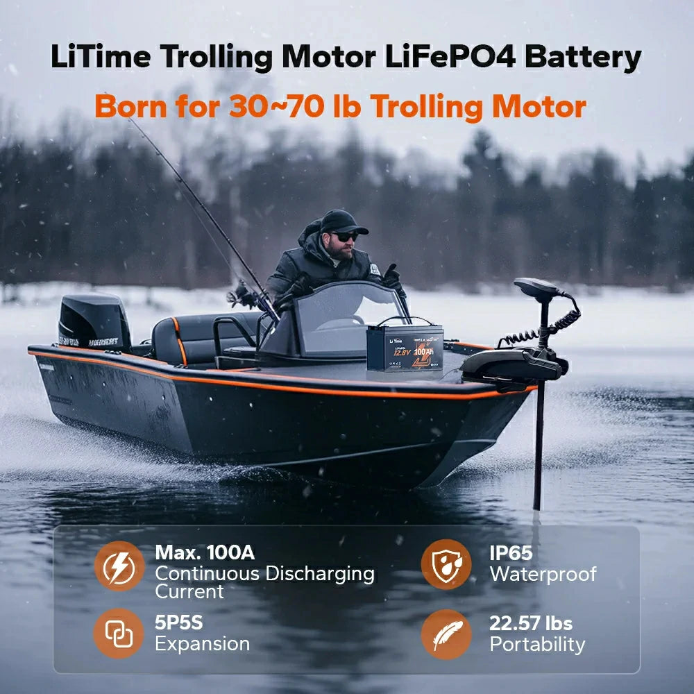 LiTime 12V 100Ah LiFePO4-Batterie für Trolling-Motoren mit 30 bis 70 lb Schubkraft