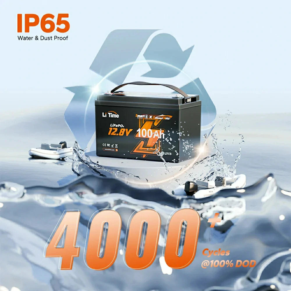 LiTime 12V 100Ah LiFePO4-Batterie mit IP65-Schutz und über 4.000 Zyklen bei 100 % Entladetiefe