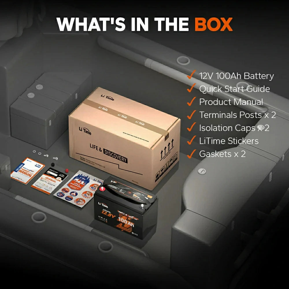 Lieferumfang der LiTime 12V 100Ah Smart LiFePO4-Marine-Batterie