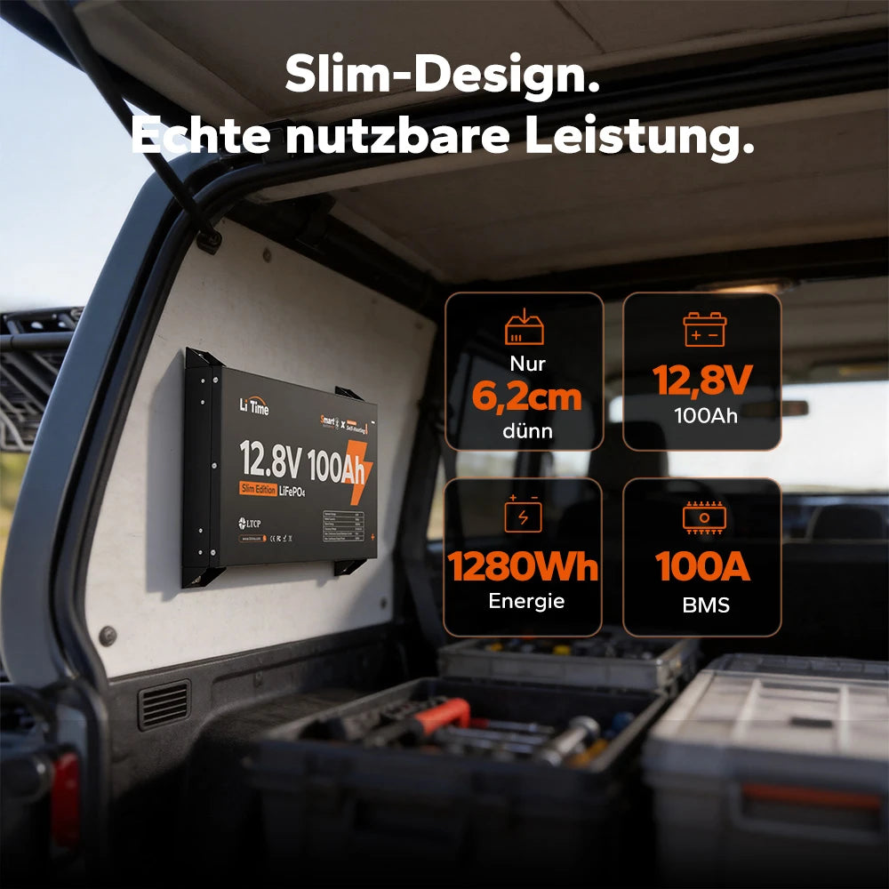 【NEU!】LiTime 12V 100Ah Ultra Slim LiFePO4 mit Bluetooth & Selbsterwärmung – für Wohnmobile, Pickups & Campervans