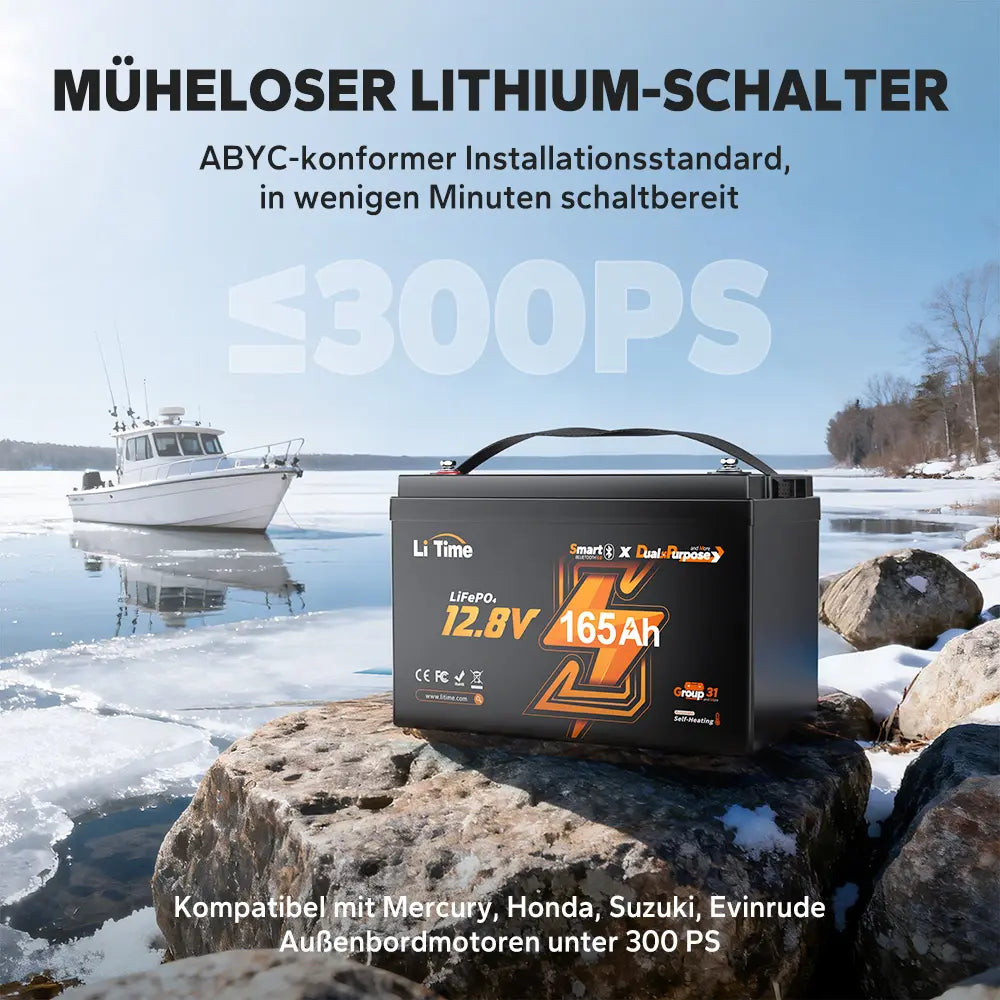 LiTime 12V 165Ah Dual Purpose Batterie mit Batterieschalter für Außenbordmotoren