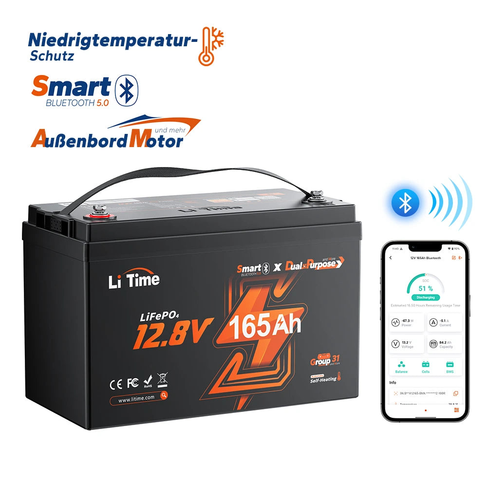 LiTime 12V 165Ah LiFePO4 батерия с двойно предназначение с 1200 CCA и самонагряване за RV и Marine