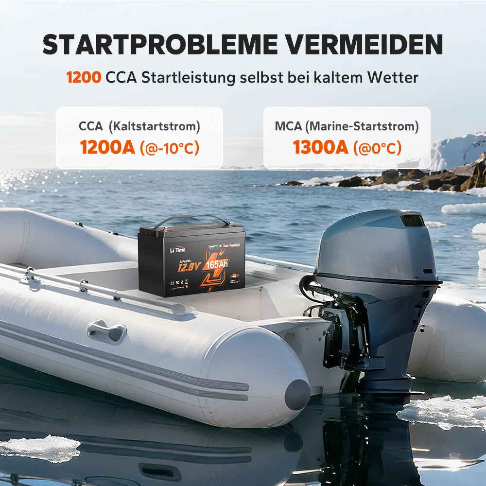 LiTime 12V 165Ah LiFePO4 батерия с двойно предназначение с 1200 CCA и самонагряване за RV и Marine