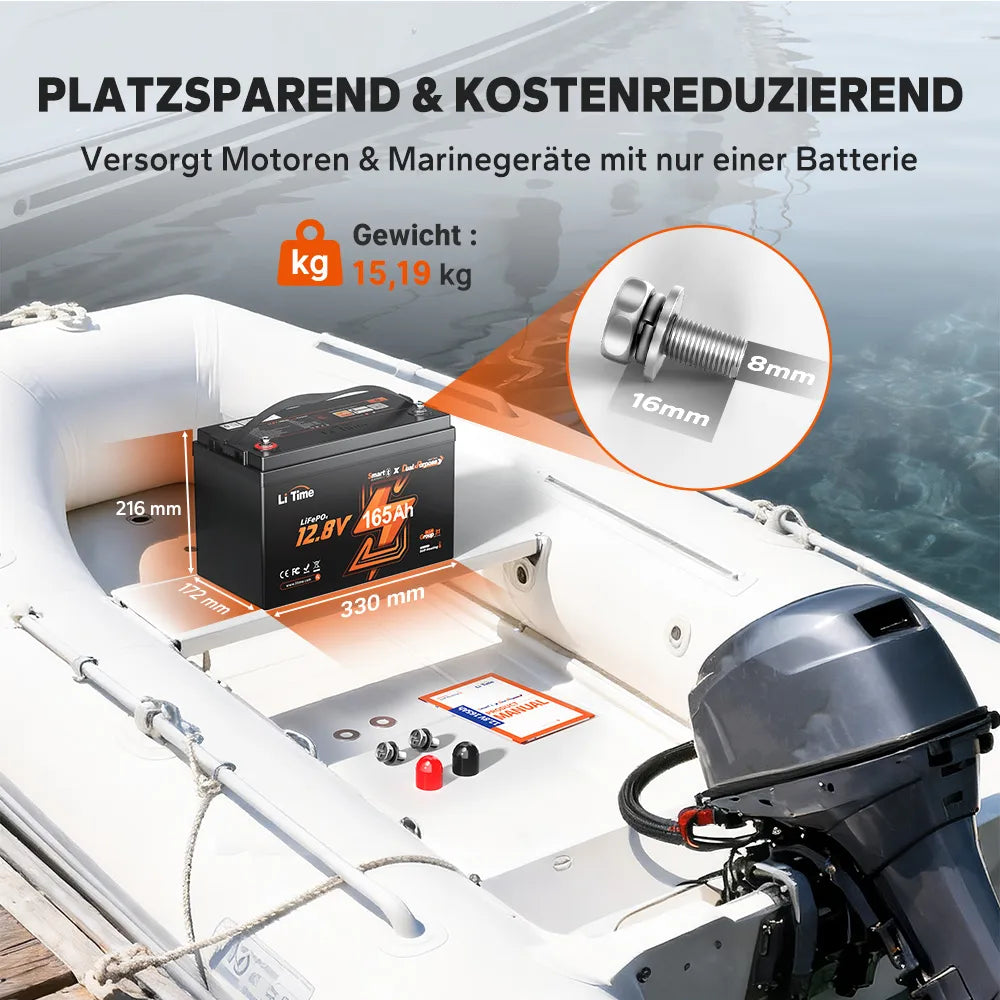 LiTime 12V 165Ah LiFePO4 Marine Batterie mit platzsparendem Design und geringem Gewicht