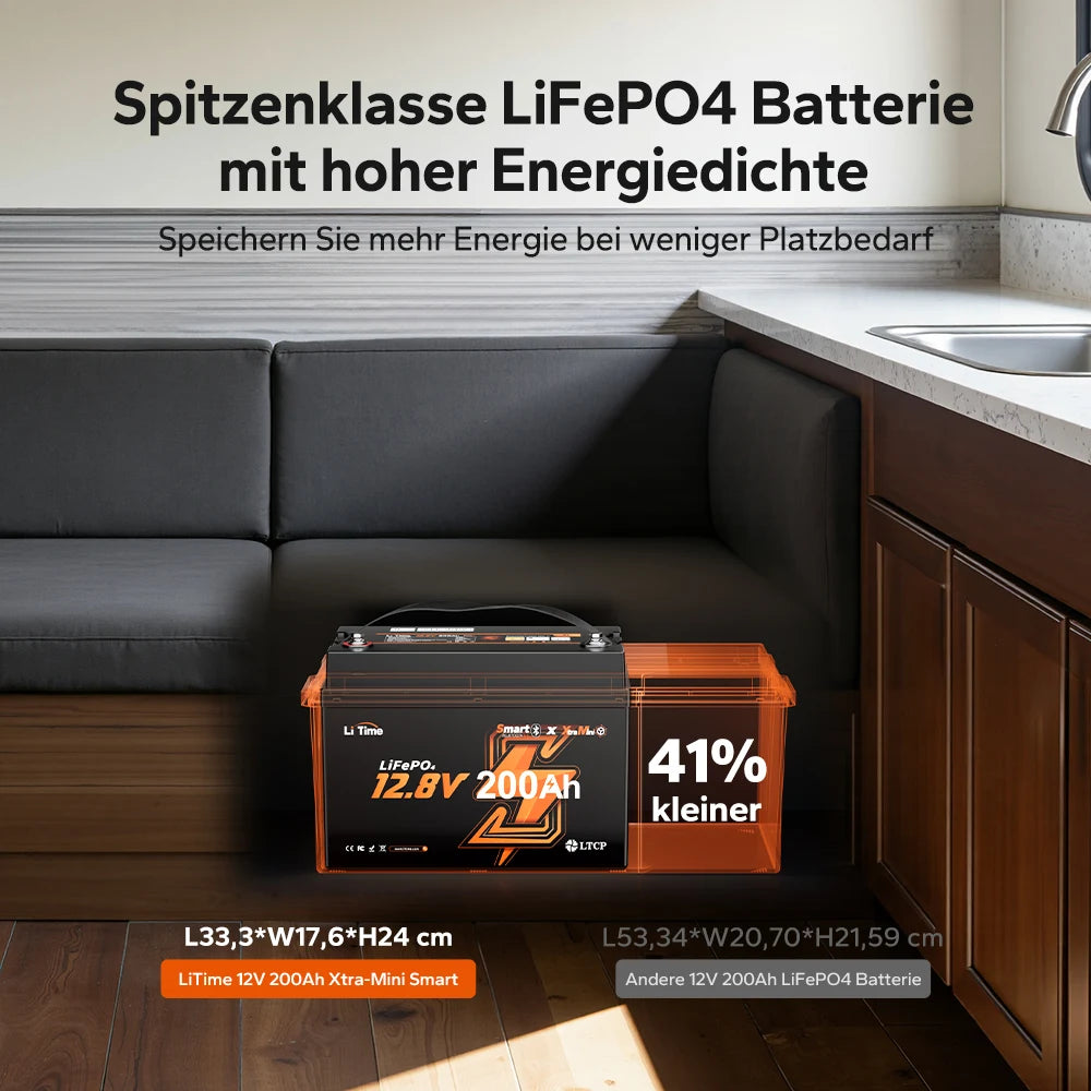 【Nový příchod】 LiTime 12V 200Ah Xtra Mini LiFePO4 baterie s Bluetooth pro RV & Camping | Skvělé buňky pro 6000+ cyklů při 100% DOD