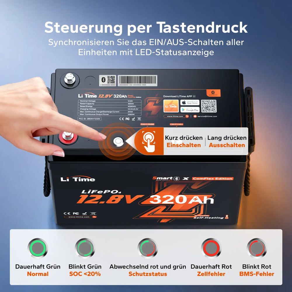 LiTime 12V 320Ah LiFePO4-Batterie mit Tastensteuerung und LED-Anzeigen