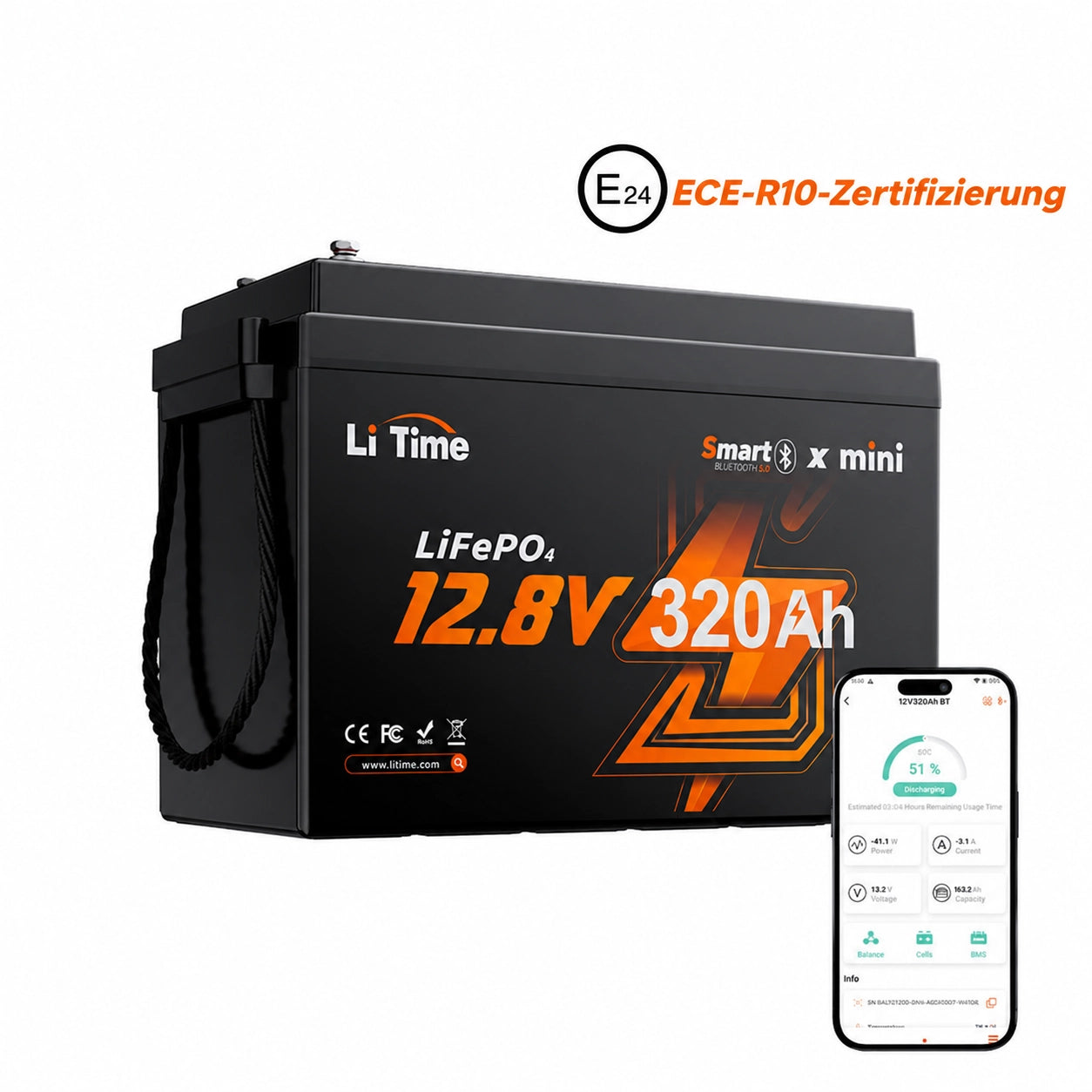 Batterie LiFePO4 12 V 320 Ah W190 pour camping-car sous le siège avec Bluetooth