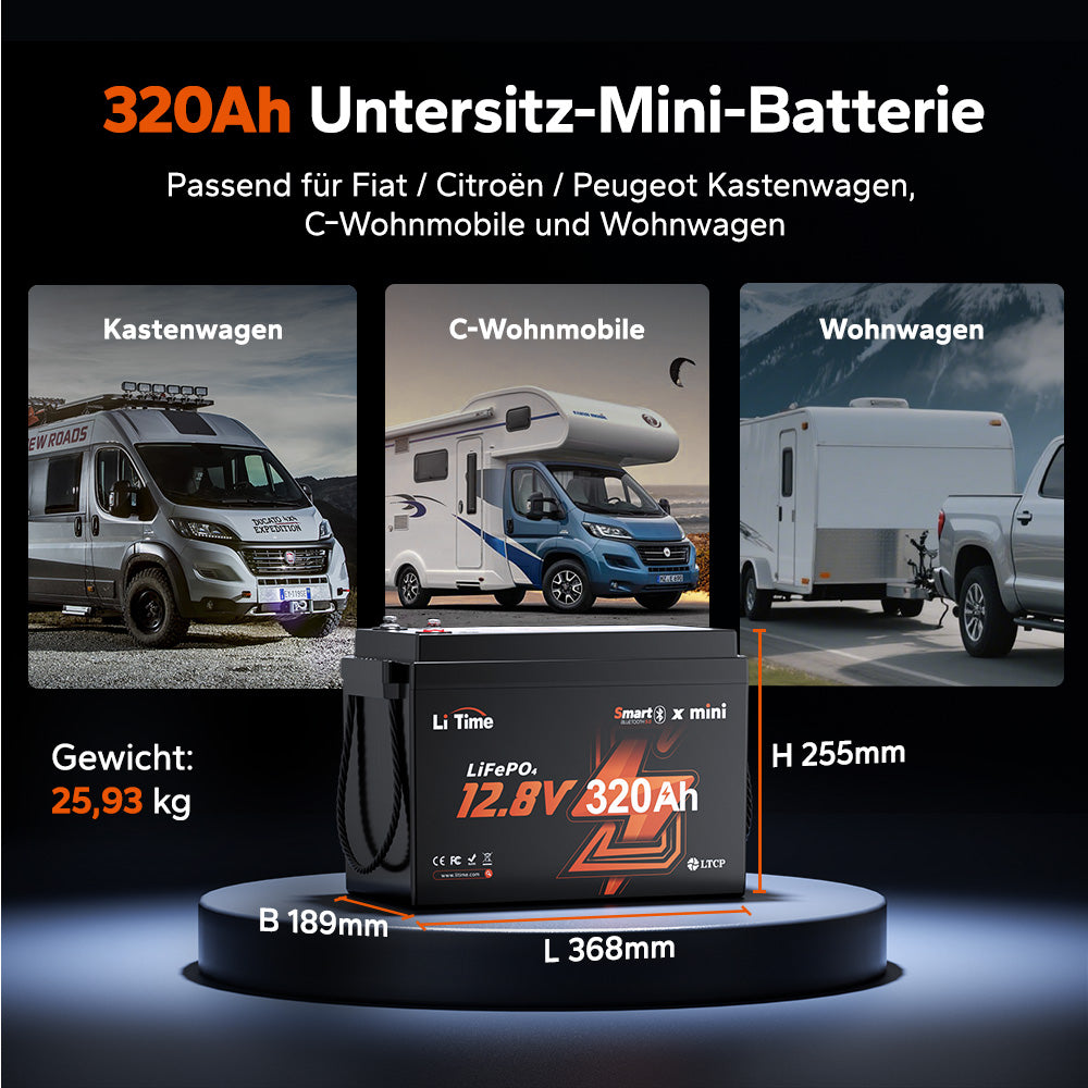 Baterie LiFePO4 de 12V 320Ah W190 pentru rulotă sub scaun cu Bluetooth