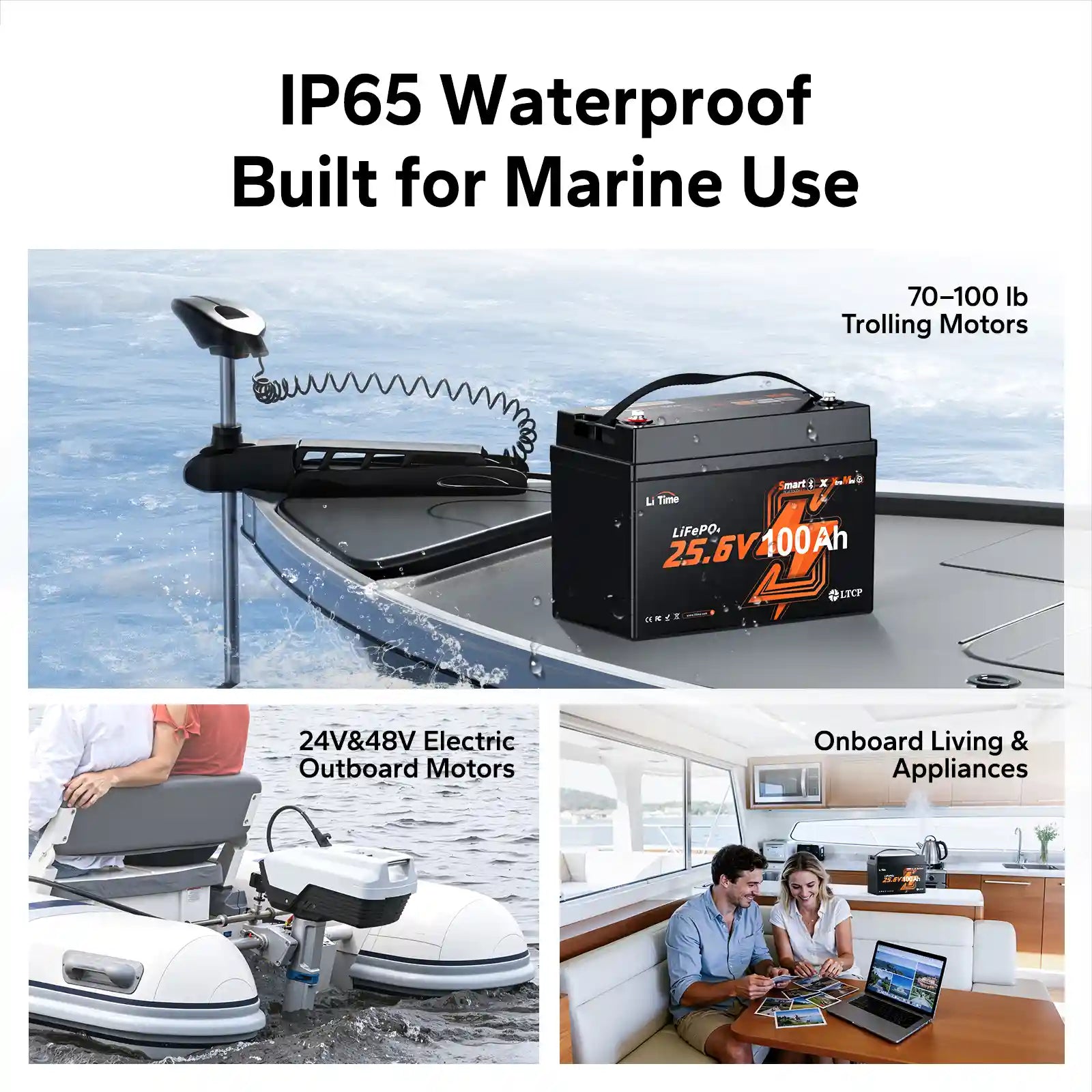 LiTime 24V 100Ah Xtra Mini LiFePO4 Batterie mit IP65 Schutz für Marineeinsatz