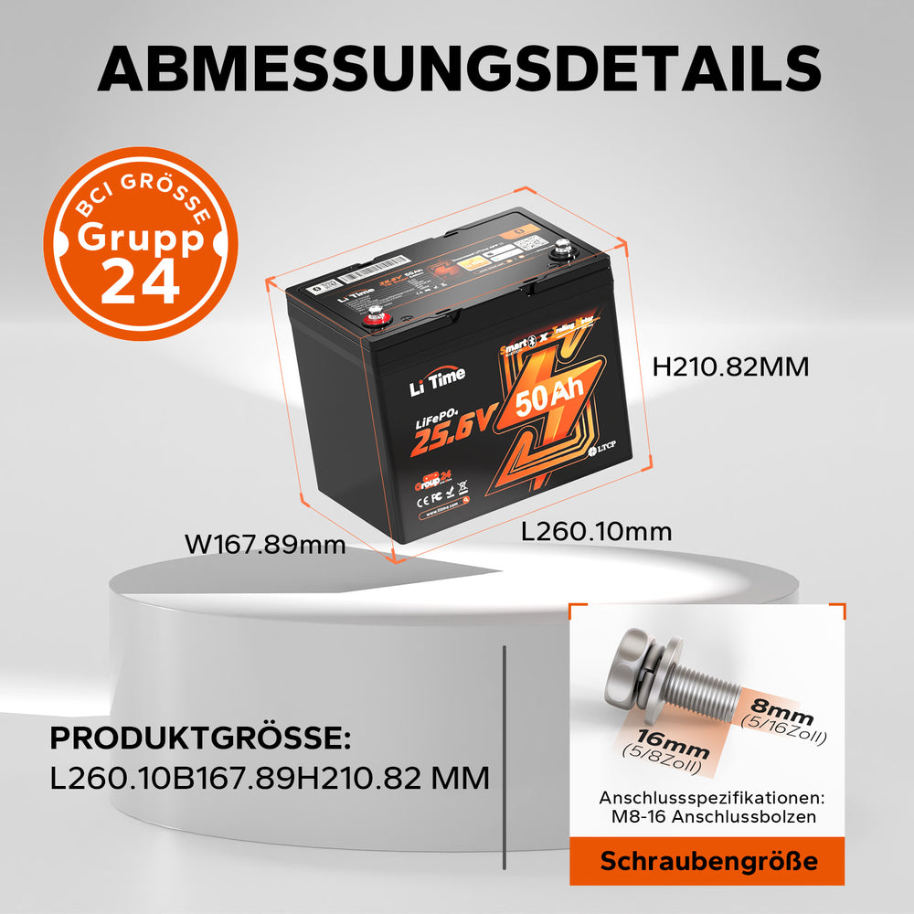 LiTime 24V 50Ah Group 24 LiFePO4 Batterie mit M8 Anschlüssen und kompakten Maßen