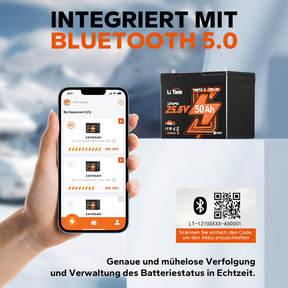 LiTime 24V 50Ah LiFePO4-Batterie mit Bluetooth-Funktion