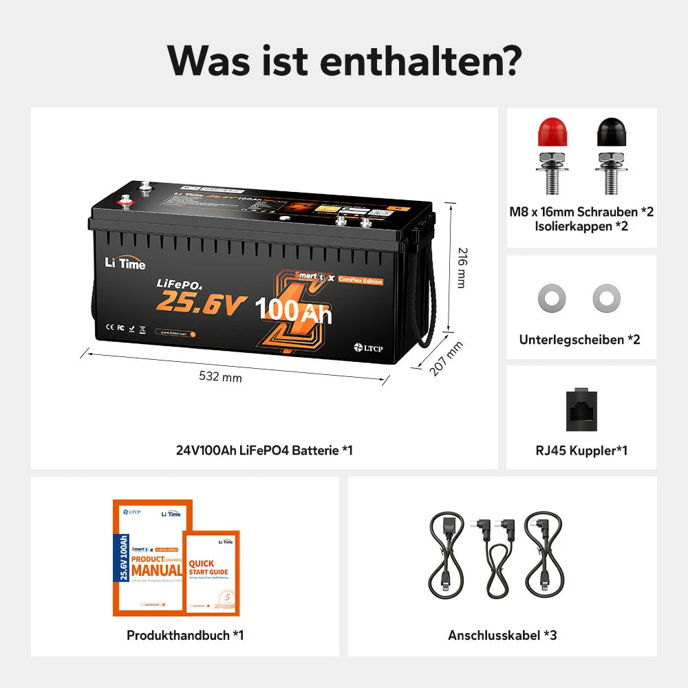 LiTime 24V 100Ah Smart ComFlex LiFePO4 – Bluetooth & Victron compatible