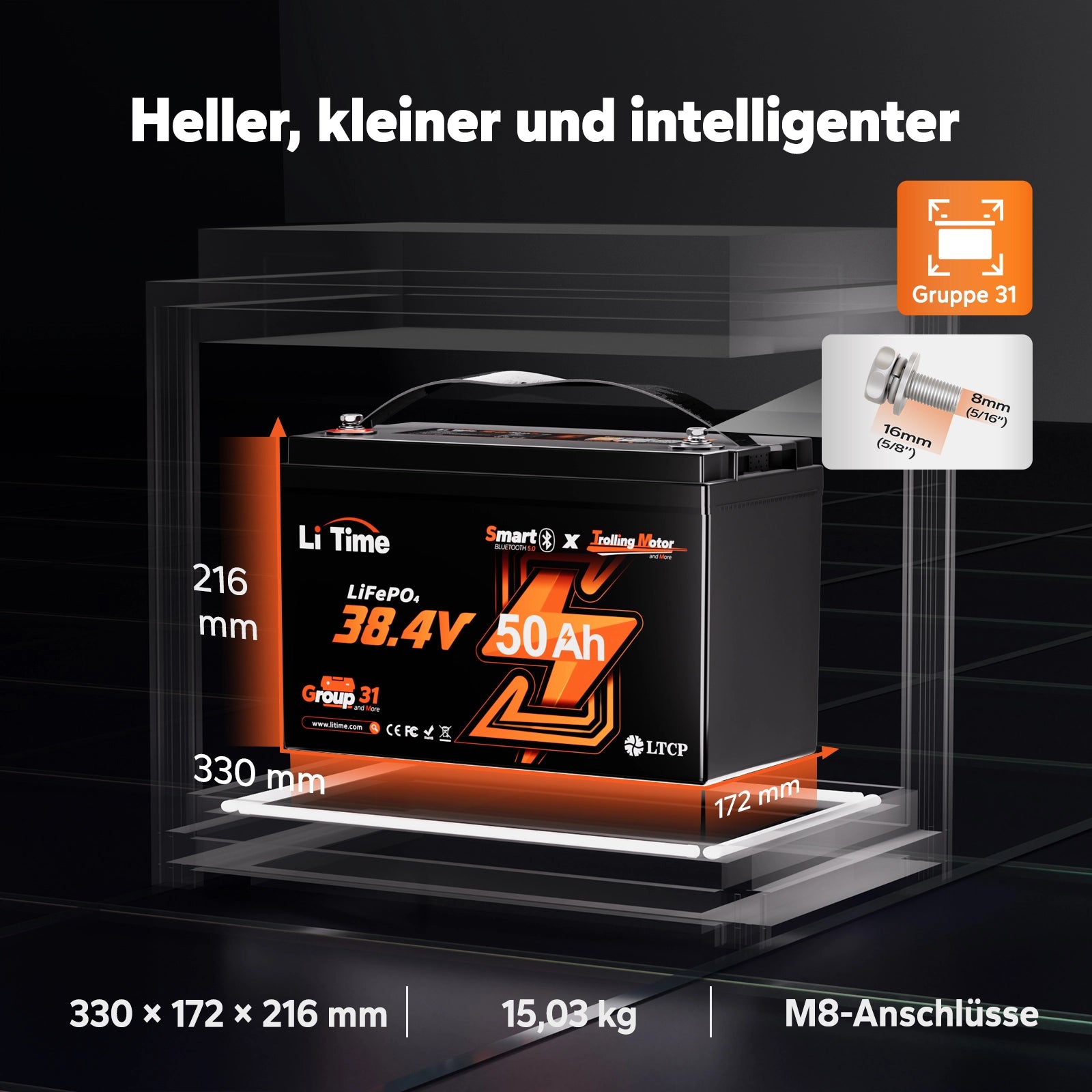 LiTime 36V 50Ah Group 31 LiFePO4 Batterie mit kompakten Abmessungen