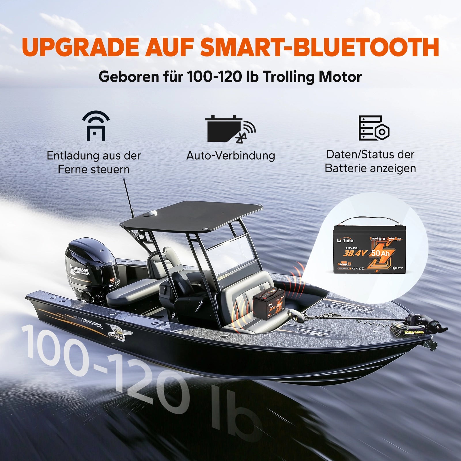 LiTime 36V 50Ah Smart Batterie mit Bluetooth für 100 bis 120 lb Trollingmotoren