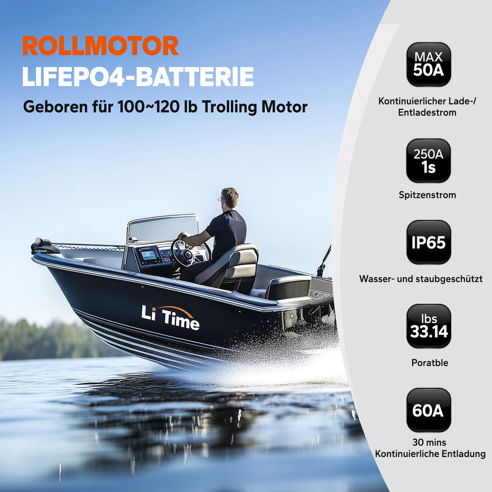 LiTime 36V 50Ah Trollingmotor Batterie mit 50A Dauerstrom und IP65 Schutz