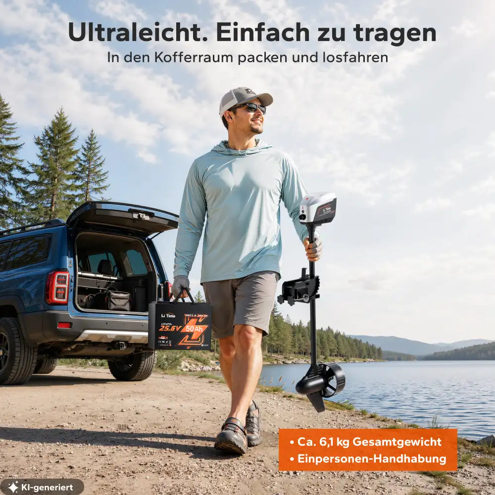 Angler trägt den leichten Argoseeker A1 zum Boot
