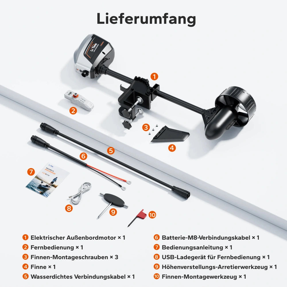 Lieferumfang des LiTime Argoseeker A2 Elektro-Außenborders