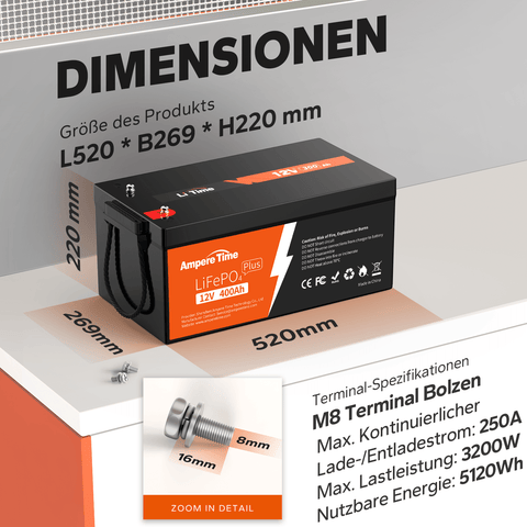 Ampere Time 12V 400Ah LiFePO4-Batterie,Perfekter Ersatz für Bleisäure-Batterie Amperetime DE
