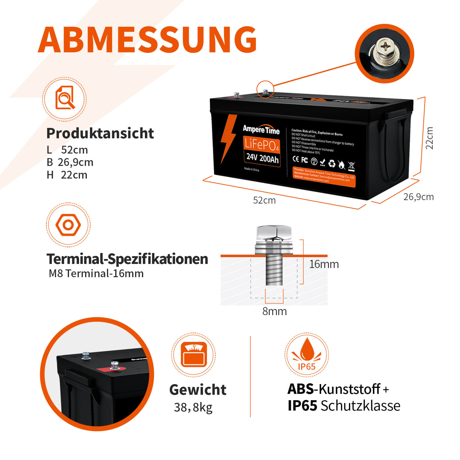 Ampere Time 24V 200Ah 5.12kWh Tife Zyklen LiFePO4 Batterie mit längerer Laufzeit, integriertem 200A BMS Amperetime DE
