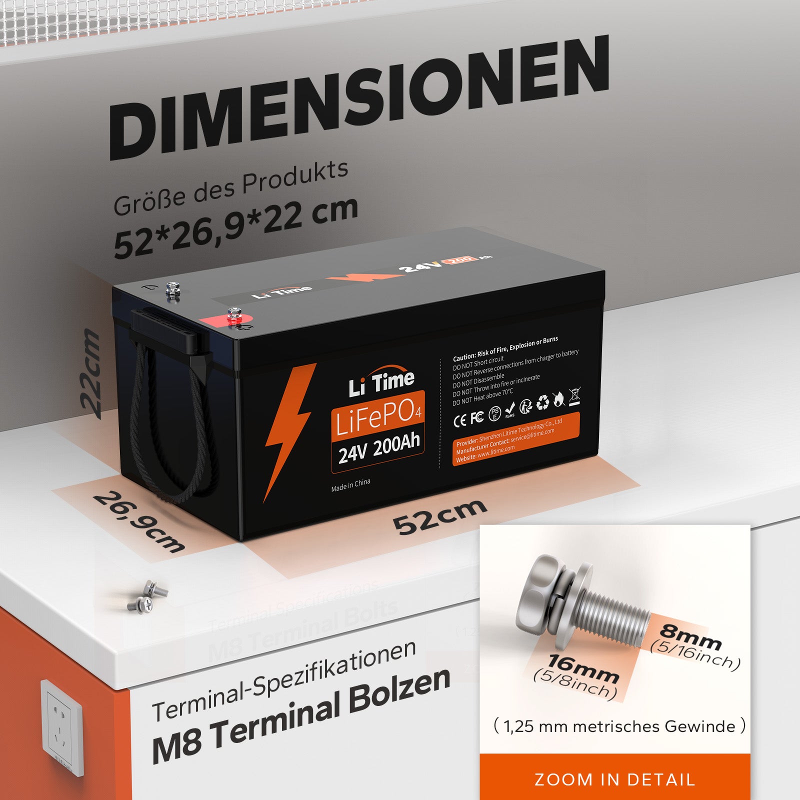 Die Dimensionen von LiTime 24V 200Ah Lithium LiFePO4 Batterie