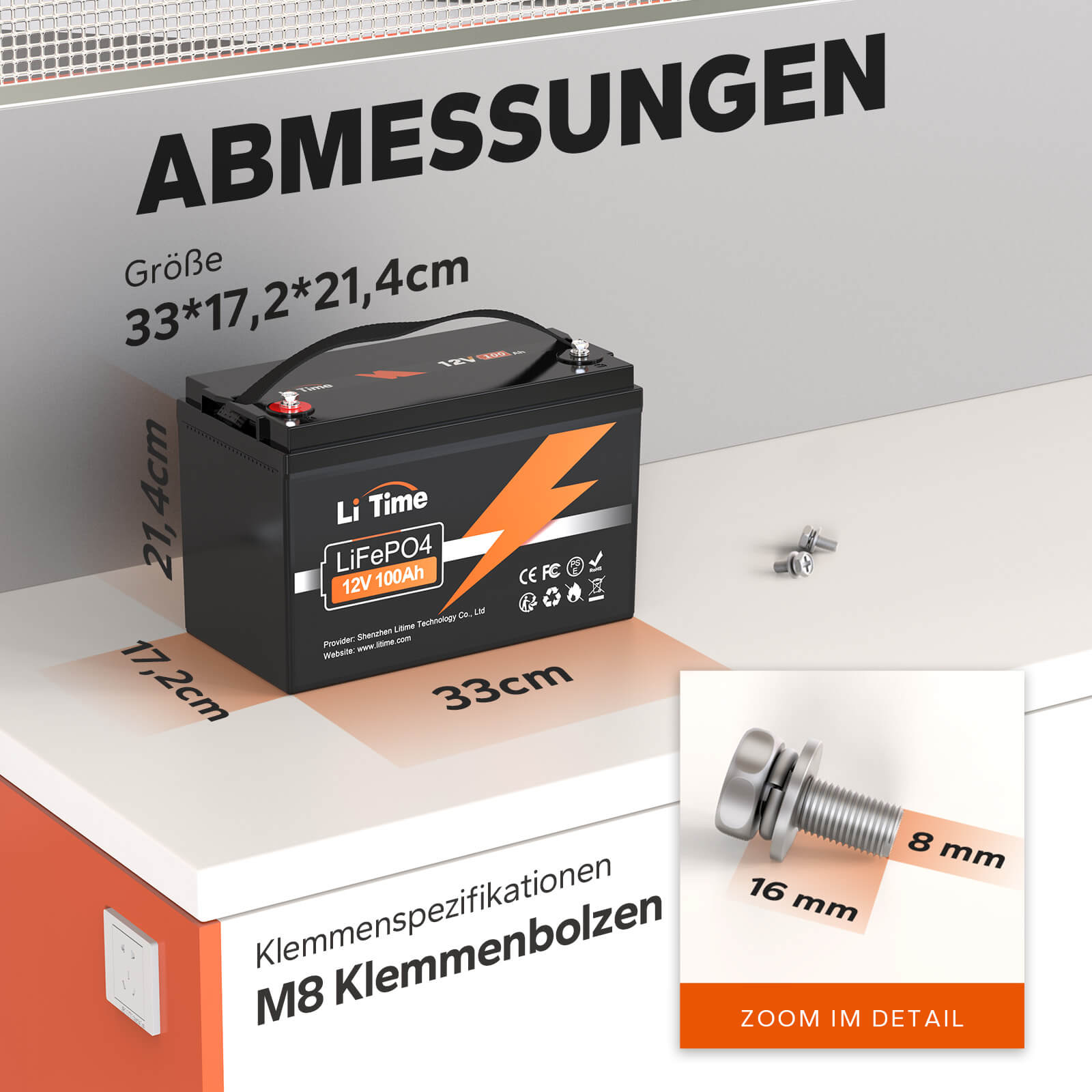 Die Abmessung von LiTime 12V 100Ah Lithium Batterie
