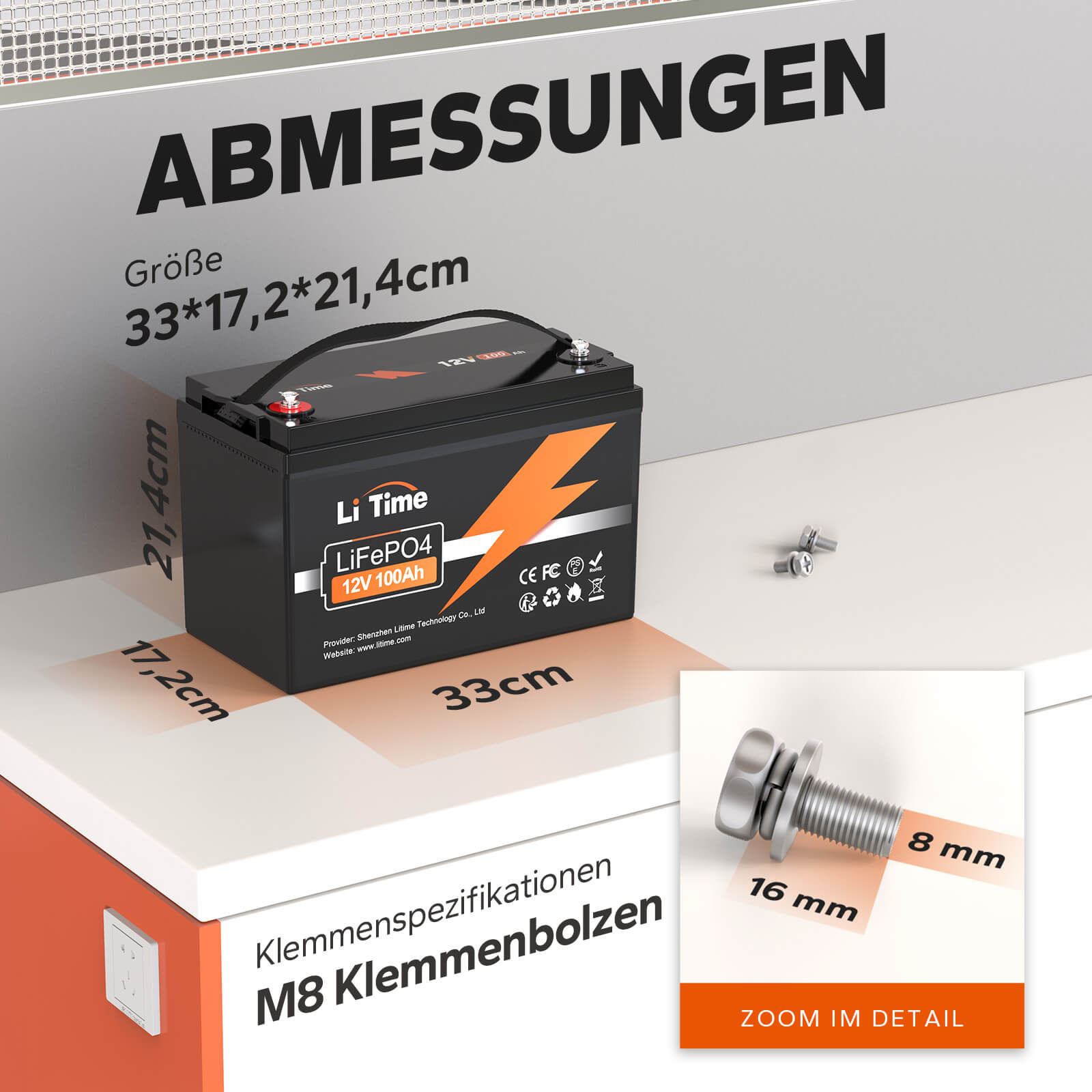 【0% IVA】Batteria al litio LiTime 12V 100Ah LiFePO4 (SOLO per edifici residenziali e SOLO in DEU - Solo per clienti in Germania)