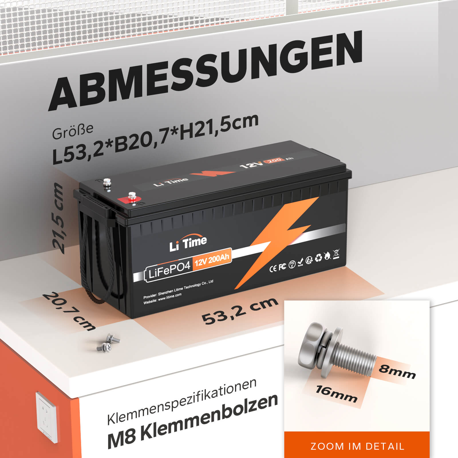 【0% IVA】Batería de litio LiTime 12V 200Ah LiFePO4 (SOLO para edificios residenciales y SOLO en DEU - Solo para clientes en Alemania)