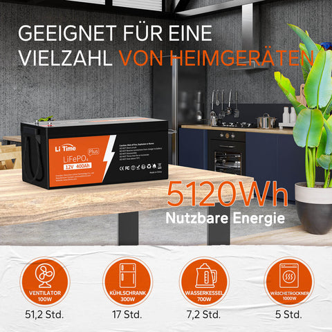 【0% IVA】Batería LiTime 12V 400Ah Lithium LiFePO4 (SOLO para edificios residenciales y SOLO en DEU - Solo para clientes en Alemania)