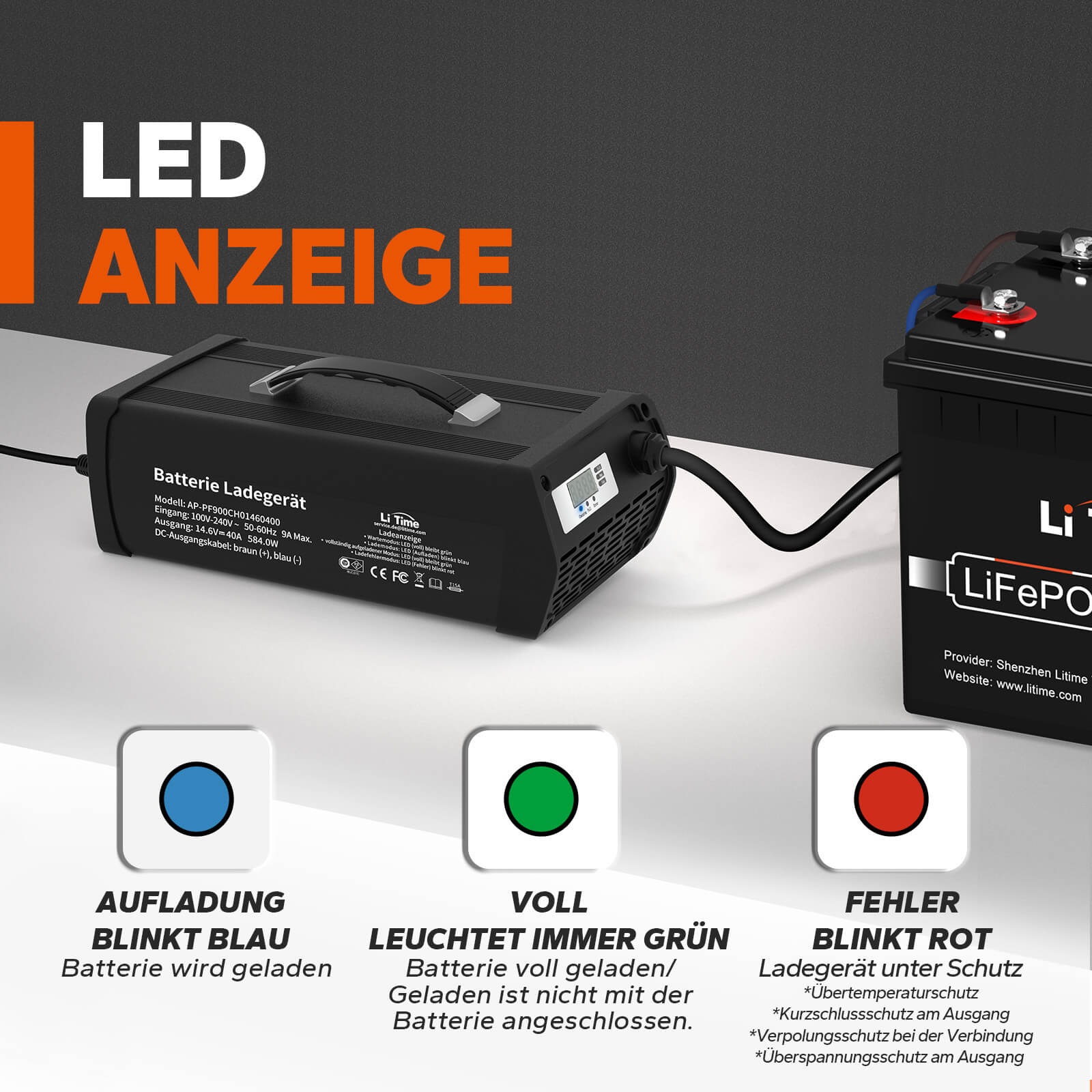 LiTime 14.6V 40A lithium battery charger for 12V LiFePO4 lithium batte –  LiTime-DE