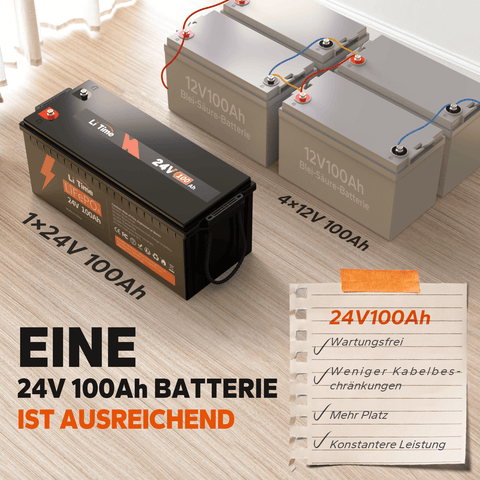 24V 100Ah LiFePO4 Batterie hat max. 2560Wh Energie, die sogar die 2400Wh Energie von 4 12V 100Ah AGM Batterien (24V 100Ah Batteriesystem in 2P2R Konfiguration) übertrifft.