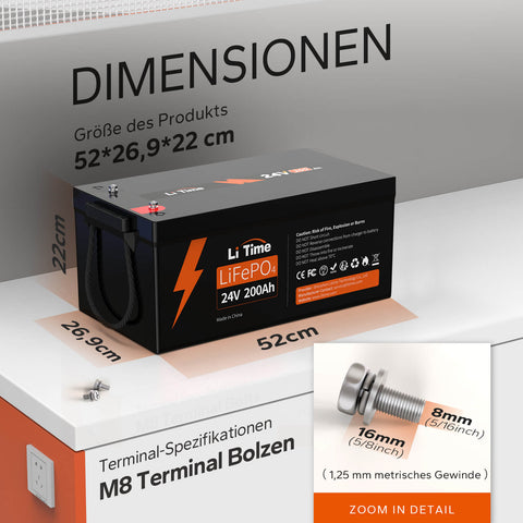 LiTime 24V 200Ah Lithium-Batterie kann 4000~15000 Zyklen laufen, was mehr als 10 Mal zu Blei-Säure mit 200~500 Zyklen ist. 24V LiFePO4 Batterie kann 100% SOC&amp;DOD realisieren und hat 10 Jahre Lebensdauer