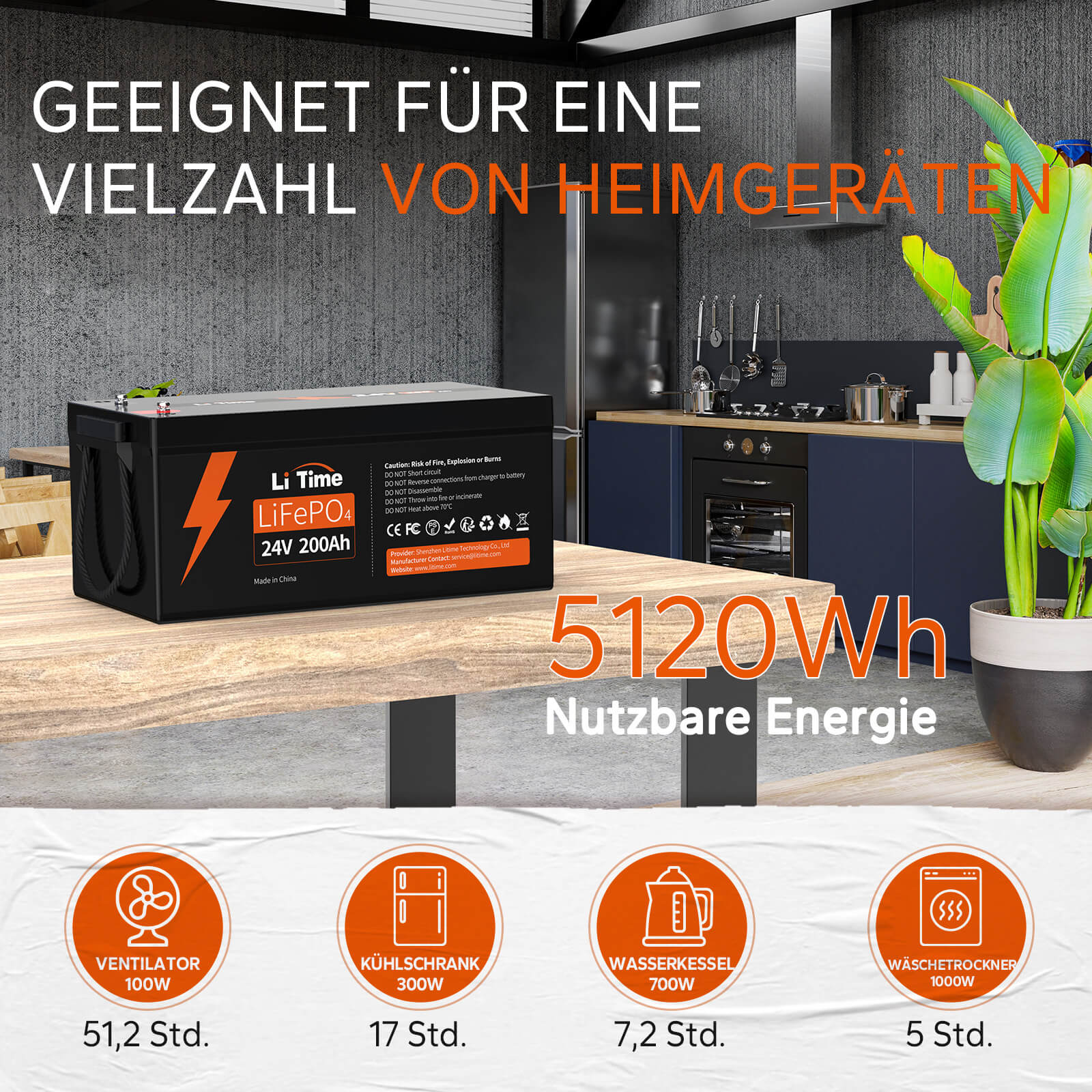 LiTime 24V 200Ah Lithium-Batterie kann 4000~15000 Zyklen laufen, was mehr als 10 Mal zu Blei-Säure mit 200~500 Zyklen ist. 24V LiFePO4 Batterie kann 100% SOC&DOD realisieren und hat 10 Jahre Lebensdauer