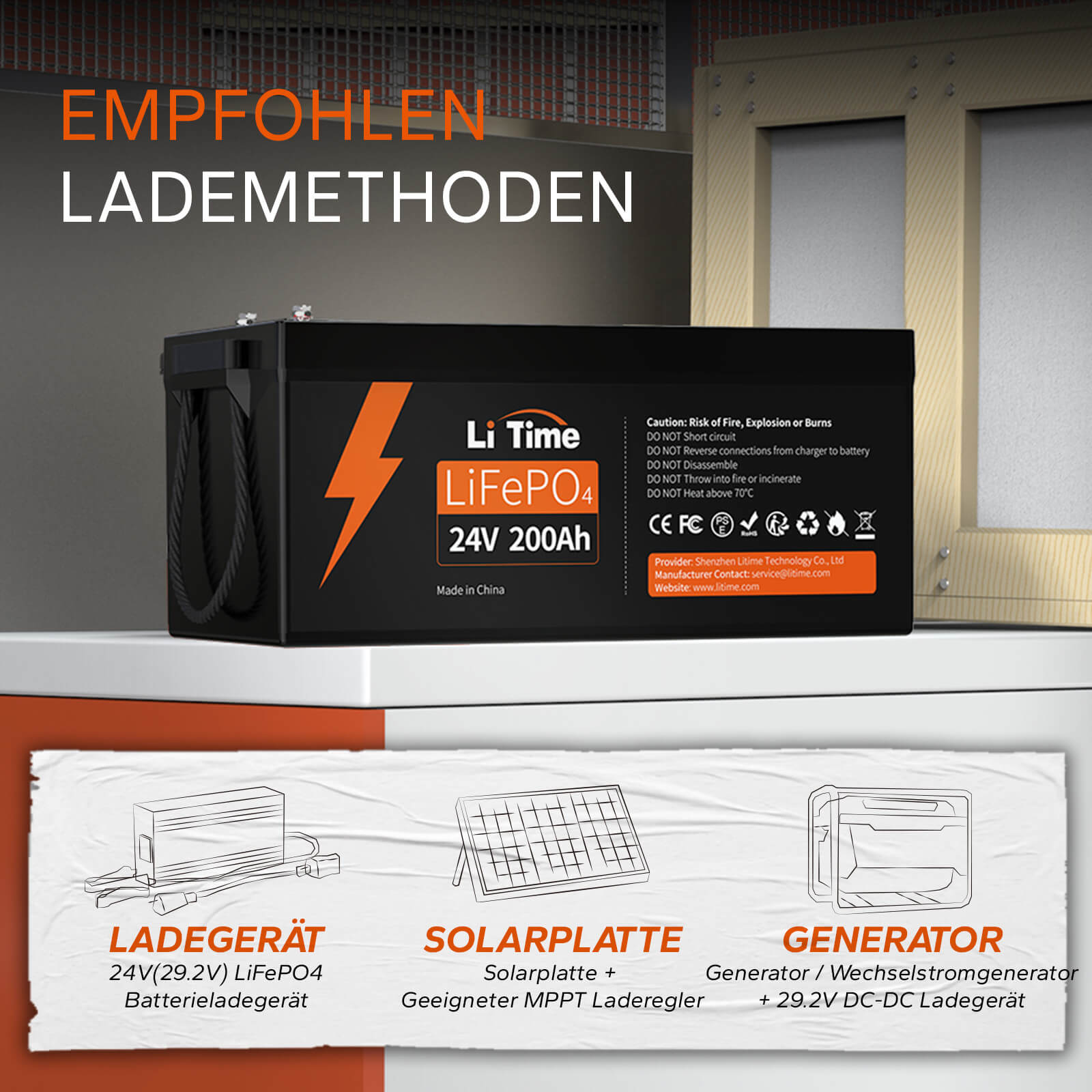 LiTime 24V 200Ah Lithium-Batterie kann 4000~15000 Zyklen laufen, was mehr als 10 Mal zu Blei-Säure mit 200~500 Zyklen ist. 24V LiFePO4 Batterie kann 100% SOC&DOD realisieren und hat 10 Jahre Lebensdauer