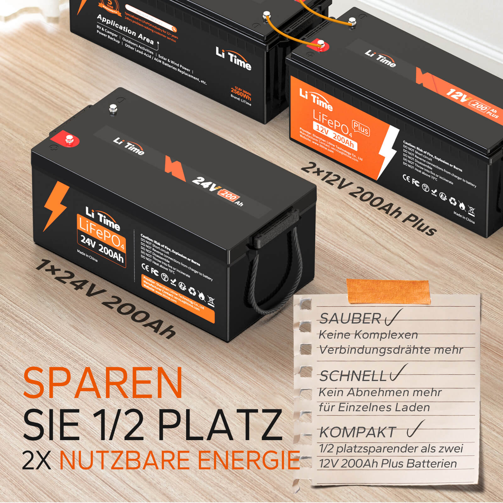 LiTime 24V 200Ah Lithium-Batterie kann 4000~15000 Zyklen laufen, was mehr als 10 Mal zu Blei-Säure mit 200~500 Zyklen ist. 24V LiFePO4 Batterie kann 100% SOC&DOD realisieren und hat 10 Jahre Lebensdauer